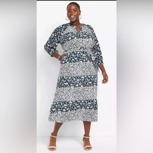 Lane Bryant Women's Midi Dress Size 26 Blue Floral Belted 3/4 Sleeve Lined